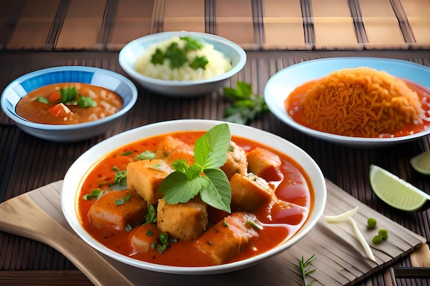 Un bol de curry rouge avec du riz et des haricots