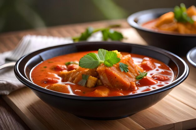 Un bol de curry rouge avec un morceau de poisson dedans.