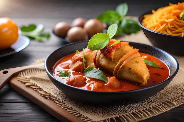 Un bol de curry rouge avec une sauce tomate et une assiette de nourriture sur une table.