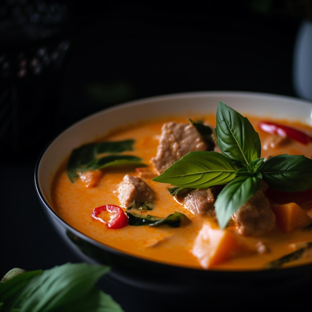 Un bol de curry rouge avec de la viande et des légumes.