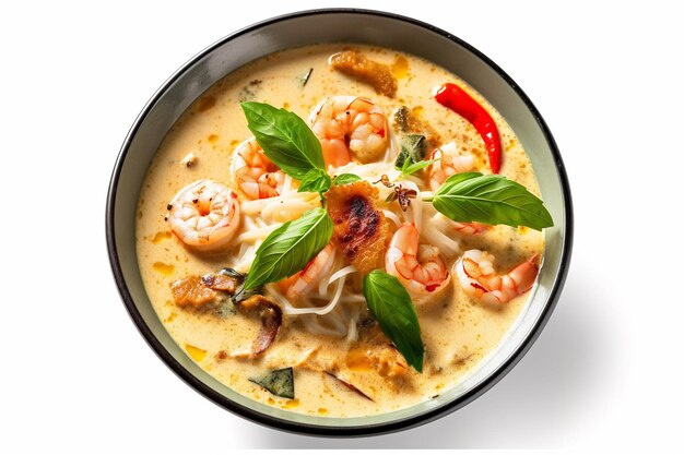 Un bol de curry thaï aux crevettes et nouilles