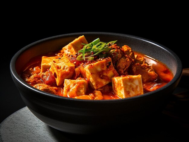 Un bol de curry de tofu avec un fond noir