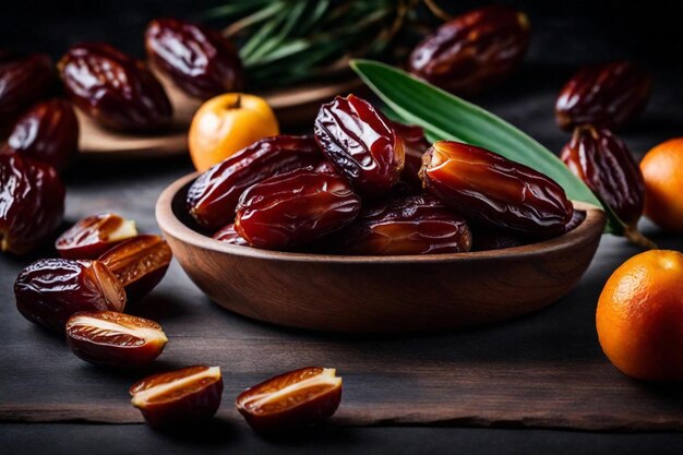 Photo un bol de dattes avec des amandes et des feuilles sur une table