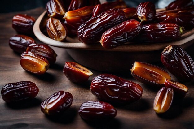 Photo un bol de dattes et d'amandes sont sur une table