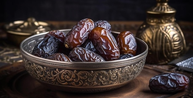 Un bol de dattes avec une cuillère en or sur une table