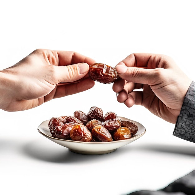 Un bol de dattes est sur une table avec un homme tenant une assiette de dattes.