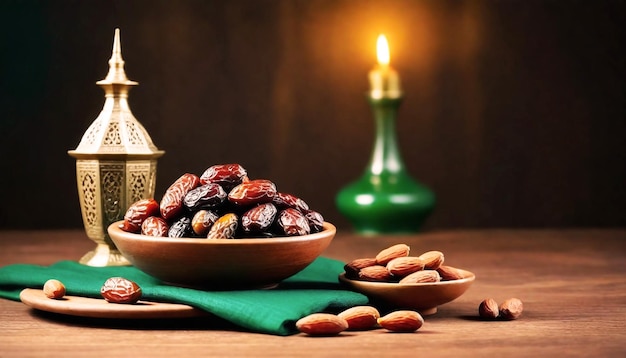 Photo un bol de dattes sur une table en bois avec des amandes, un tissu vert et une cruche verte