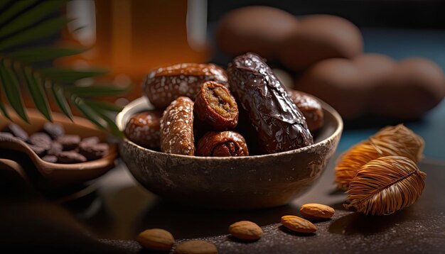 Un bol de dattes et une tasse d'amandes