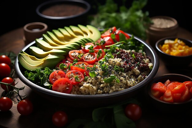 Photo un bol de déjeuner sain avec du quinoa, du houmous et des légumes mélangés salade grecque fraîche avec des nouilles au concombre