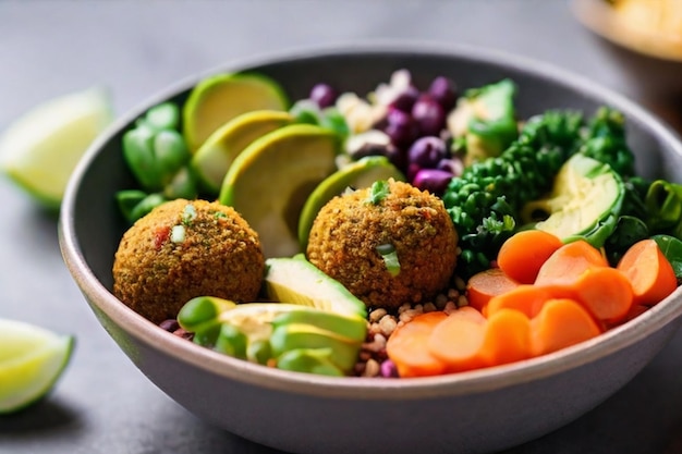 Un bol de déjeuner végétalien sain avec du falafel