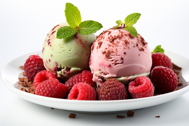 un bol avec une délicieuse crème glacée à la vanille avec des fraises et du chocolat sur fond noir en gros plan
