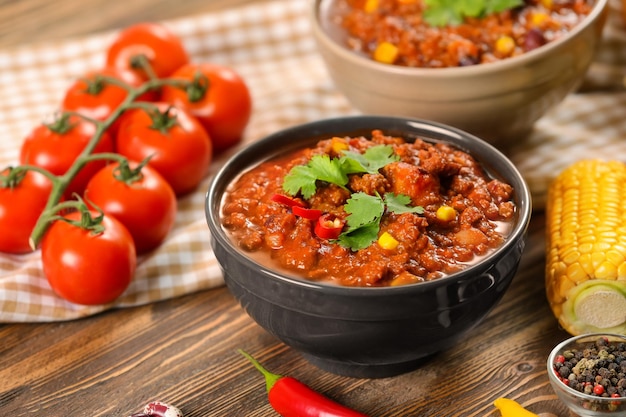 Bol avec de délicieux chili con carne sur table