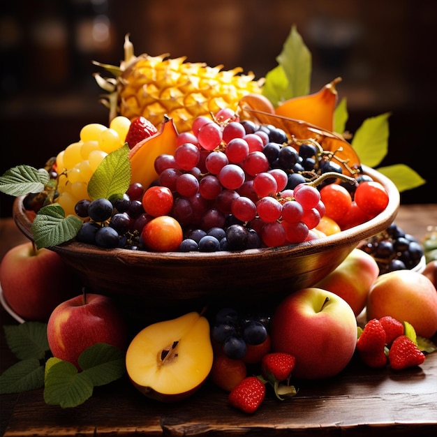 Bol avec de délicieux fruits mûrs sur table