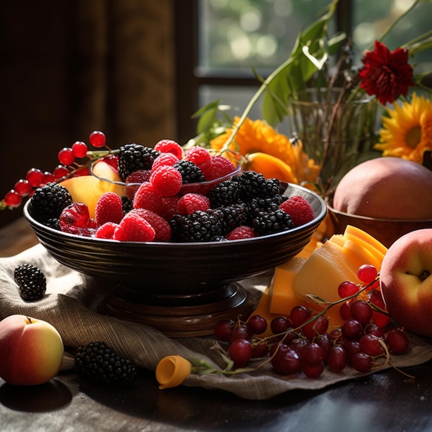 Bol avec de délicieux fruits mûrs sur table