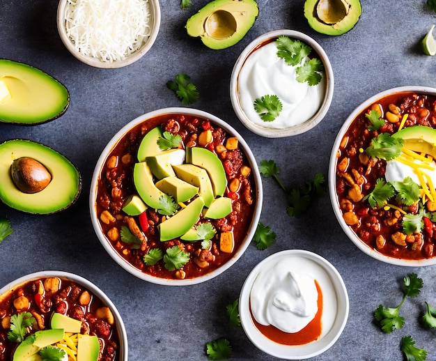 Bol avec de délicieux poulet et chili con carne sur fond de bois rustique foncé