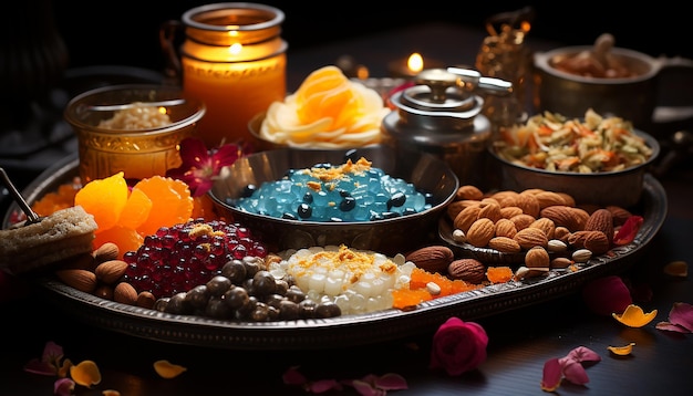 Photo un bol de dessert gourmet sur une table en bois, une décoration de bonbons sucrés générée par l'ia