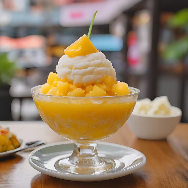 Photo un bol de dessert jaune avec une feuille verte sur le dessus