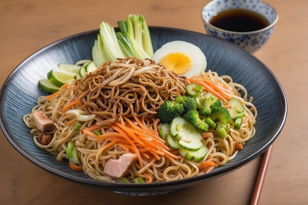 Un bol avec du yakisoba et du hashi