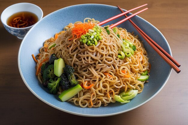 Un bol avec du yakisoba et du hashi