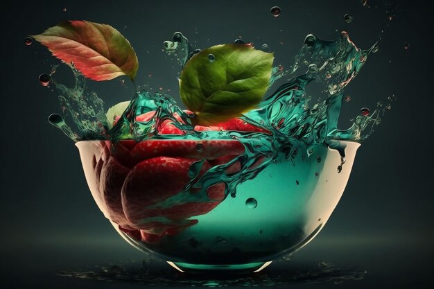 Un bol d'eau avec une fraise et une feuille verte.