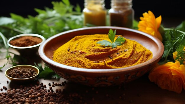 Photo bol d'épices au chili au curcuma biologique et au cumin