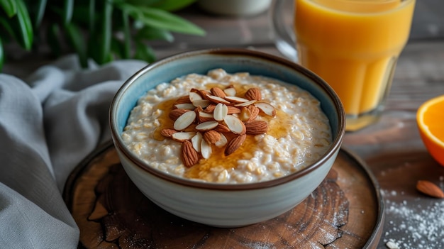 Photo un bol de farine d'avoine avec des amandes et un verre de jus d'orange