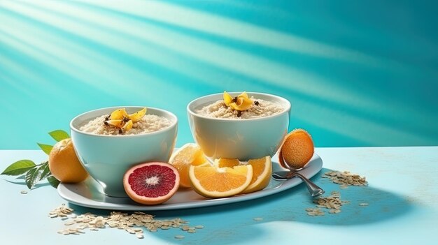 un bol de farine d'avoine avec des oranges et une cuillère sur une assiette.