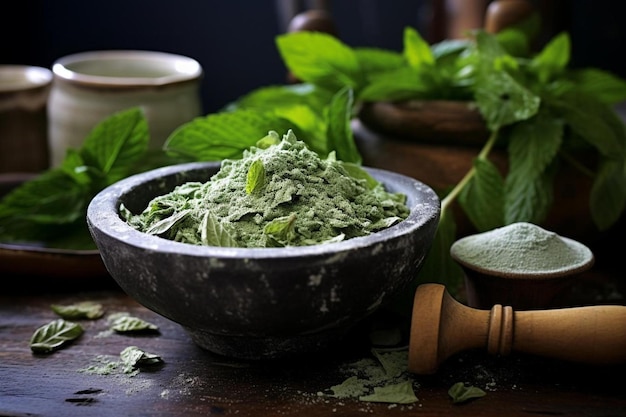 un bol de feuilles de menthe verte est posé sur une table.