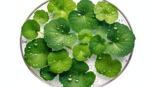 Un bol de feuilles vertes d'une plante avec des gouttelettes d'eau dessus