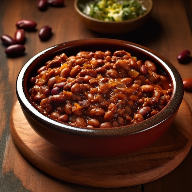 Un bol de fèves au lard et de boeuf est assis sur une table en bois