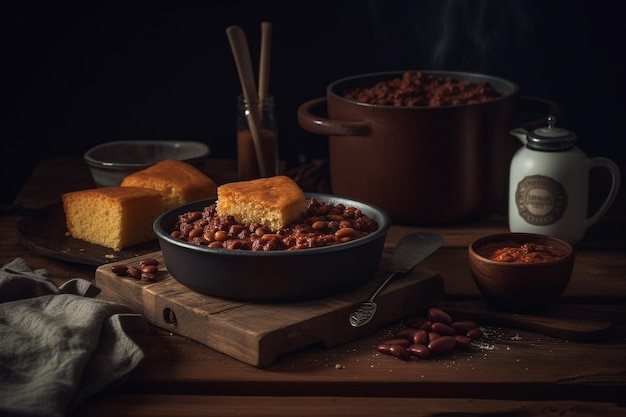 Un bol de fèves au lard et une casserole de pain sur une table.