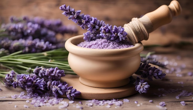 un bol de fleurs de lavande avec une poignée en bois et une cuillère en bois