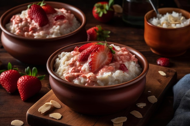 Un bol de flocons d'avoine aux fraises avec un bol de fraises sur le dessus