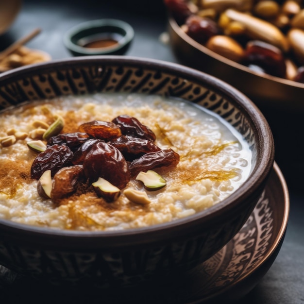 Un bol de flocons d'avoine garni de raisins secs et de noix image générative ai