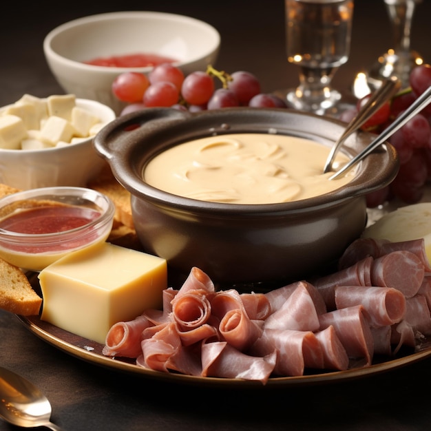 Un bol de fondue photo de stock avec des fourchettes fromage belle image Ai généré de l'art