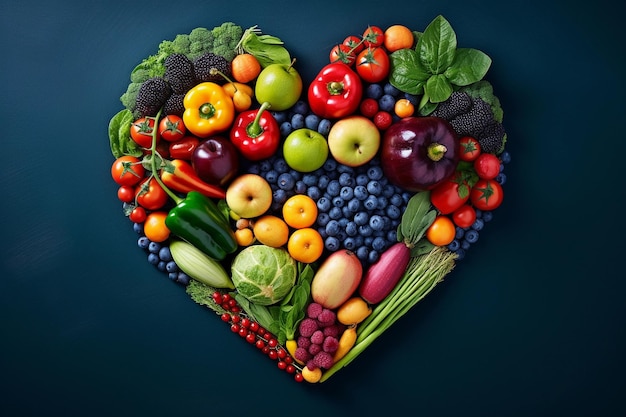 Un bol en forme de cœur avec beaucoup de fruits et légumes à l'intérieur