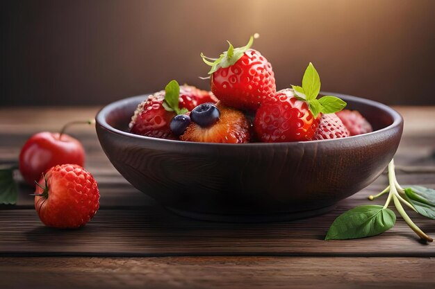 Un bol de fraises et de bleuets sur une table en bois