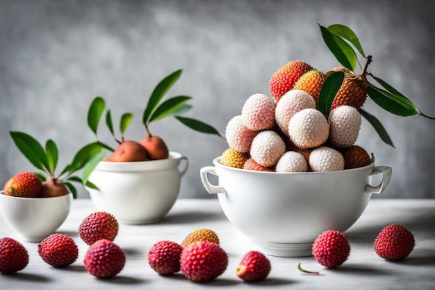 Photo un bol de fraises et un bol de framboises avec des feuilles dessus