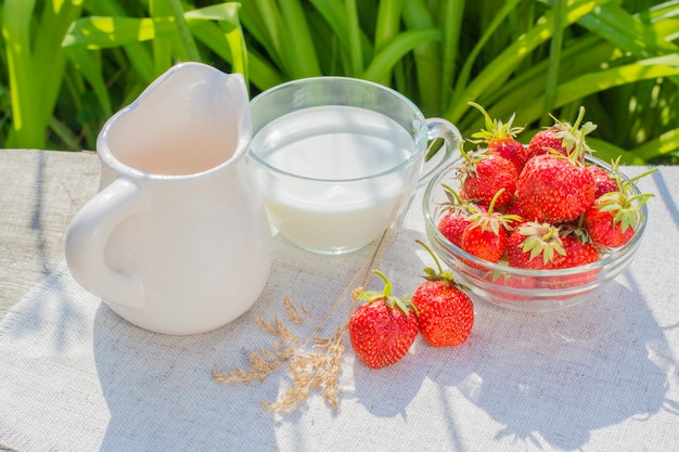 Un bol de fraises, une carafe et une tasse de lait sur une serviette de table sur une table en bois sur un fond d'herbe