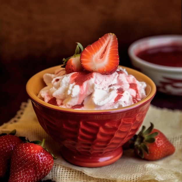 Un bol de fraises et de crème avec un bol de sauce aux fraises sur le dessus.