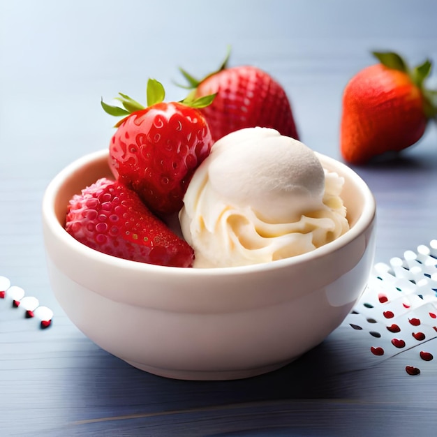 Un bol de fraises et de crème avec une cuillère à côté.