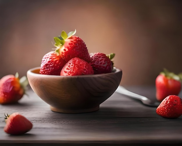 Un bol de fraises avec une cuillère dedans qui dit fraîche