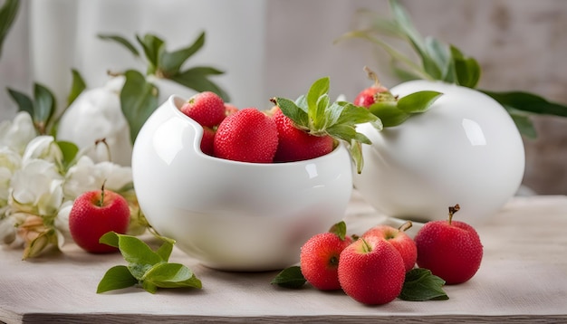 un bol de fraises est assis sur une table avec d'autres bols de fraises