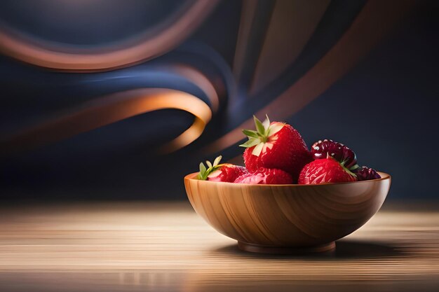 Un bol de fraises est posé sur une table avec un fond sombre.