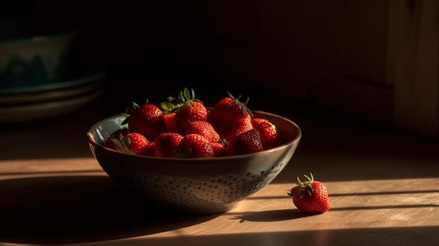 Un bol de fraises est posé sur une table avec le soleil qui brille dessus.