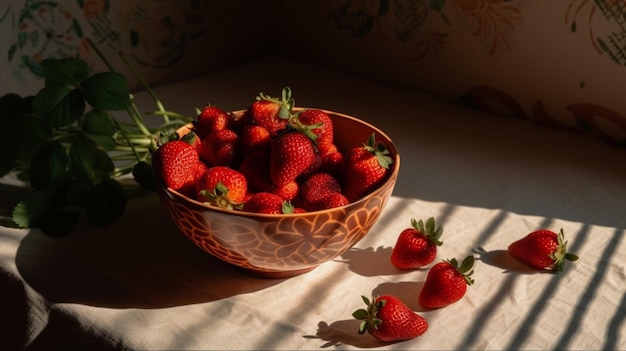 Un bol de fraises est posé sur une table avec le soleil qui brille à travers la fenêtre.