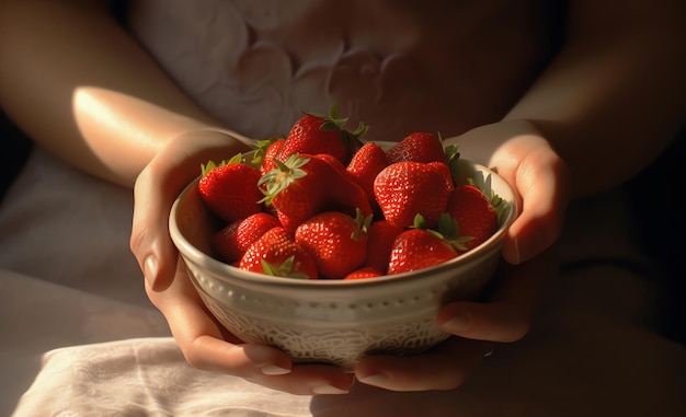 Un bol de fraises est tenu dans les mains de quelqu'un.