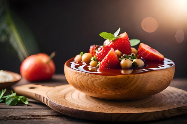 un bol de fraises avec des fraises sur une table en bois