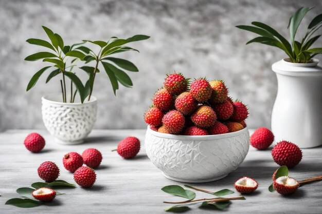 un bol de fraises et une plante sur une table