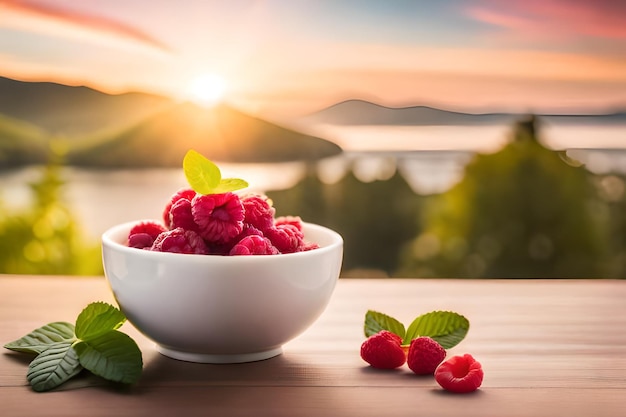 un bol de framboises avec un coucher de soleil en arrière-plan